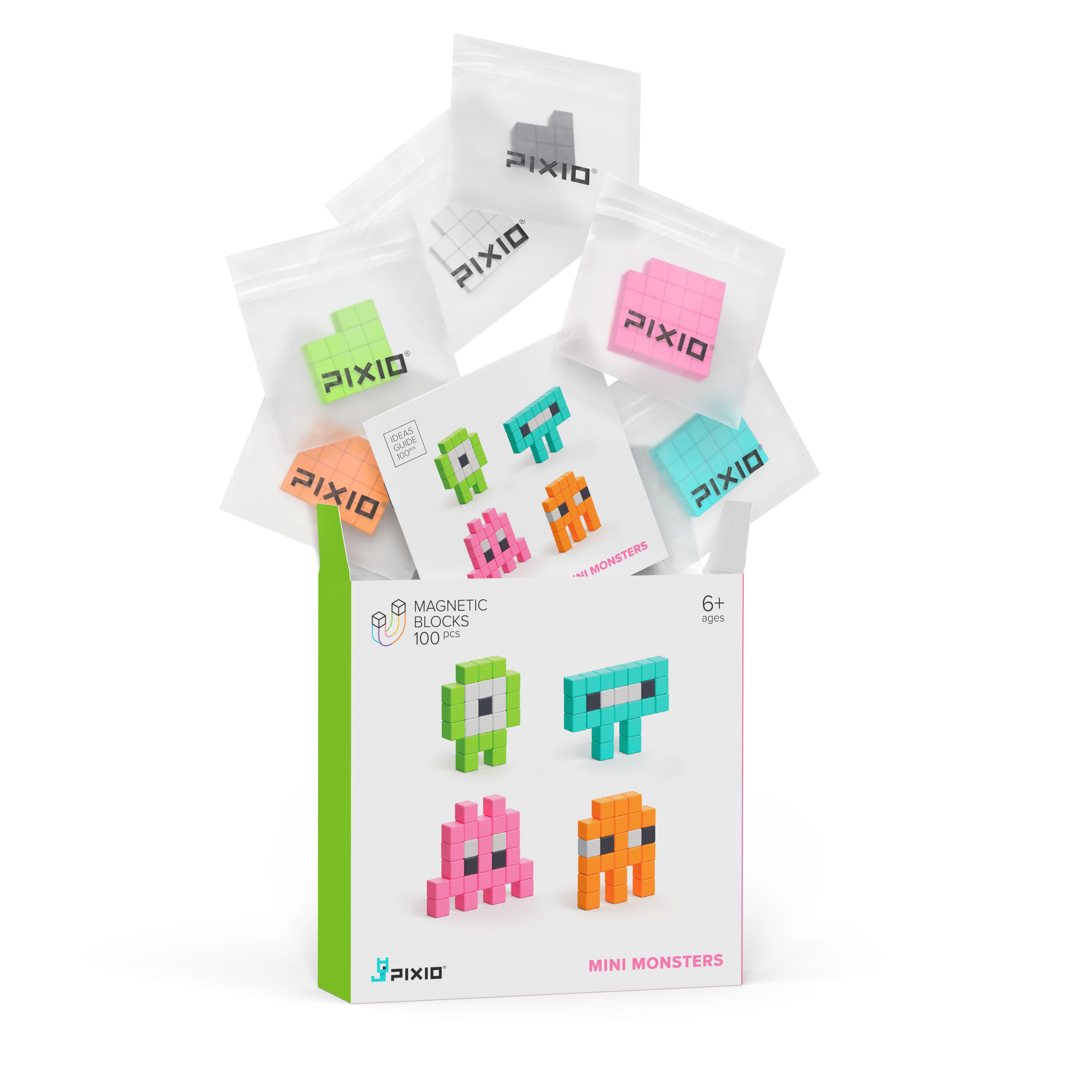 PIXIO Mini Monsters - 100 Magnetic Blocks in 6 Colors